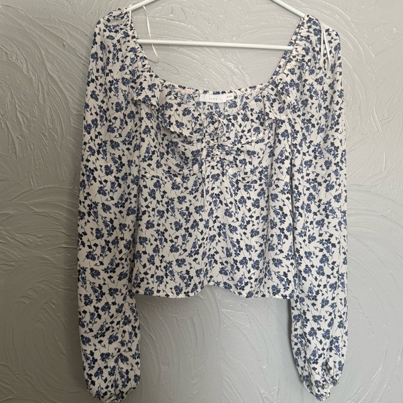 Lush Tops - Women’s Floral Blue and White Blouse, medium